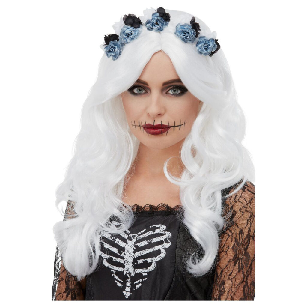 Witte Day of the Dead-verkleedpruik met bloemen