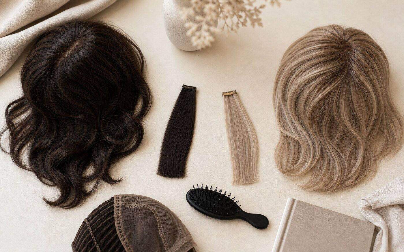 Haartexturen en kleurstalen als voorbereiding op een pruikkeuze