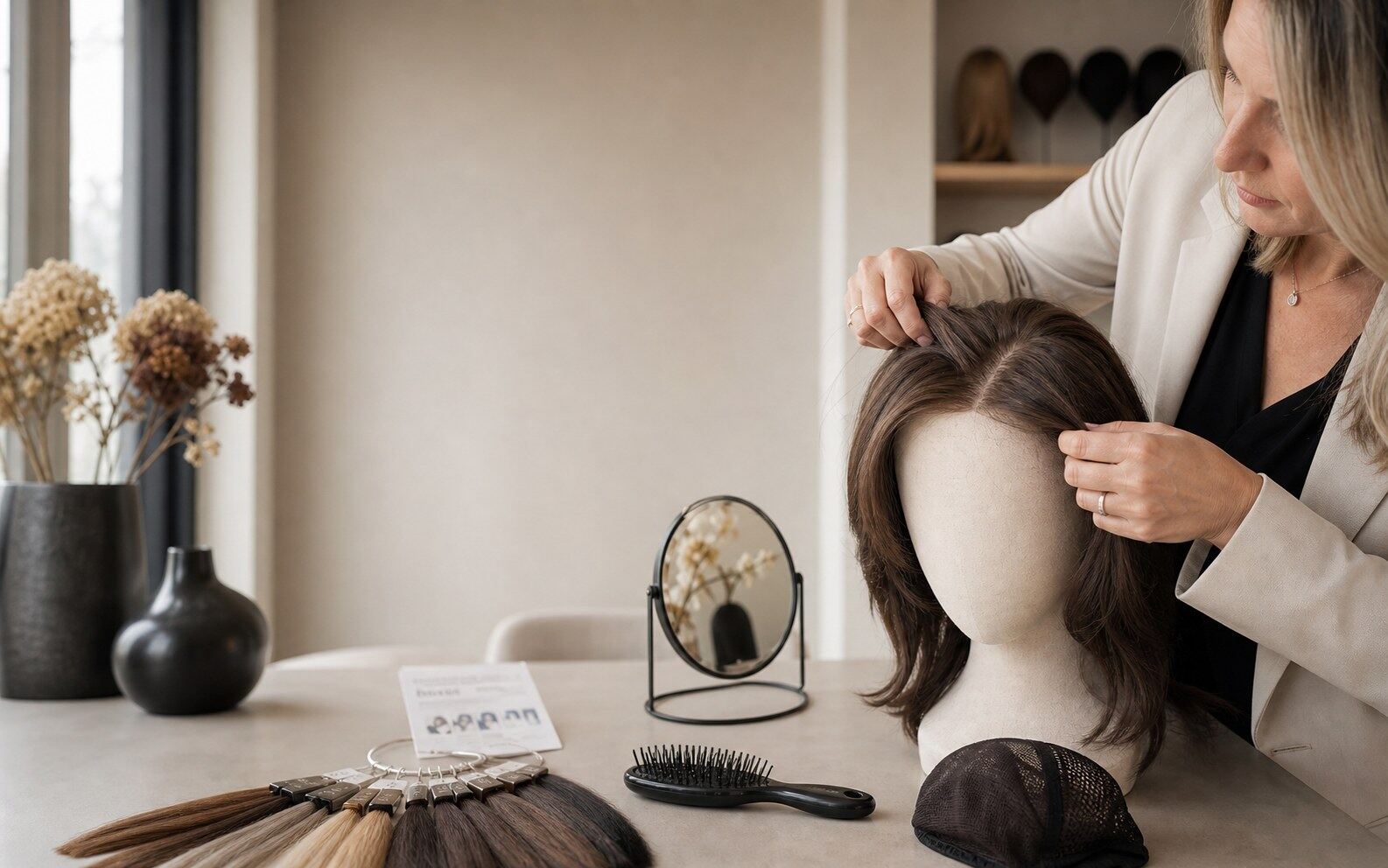Close-up van een natuurlijke lace front haarlijn en zachte haardichtheid